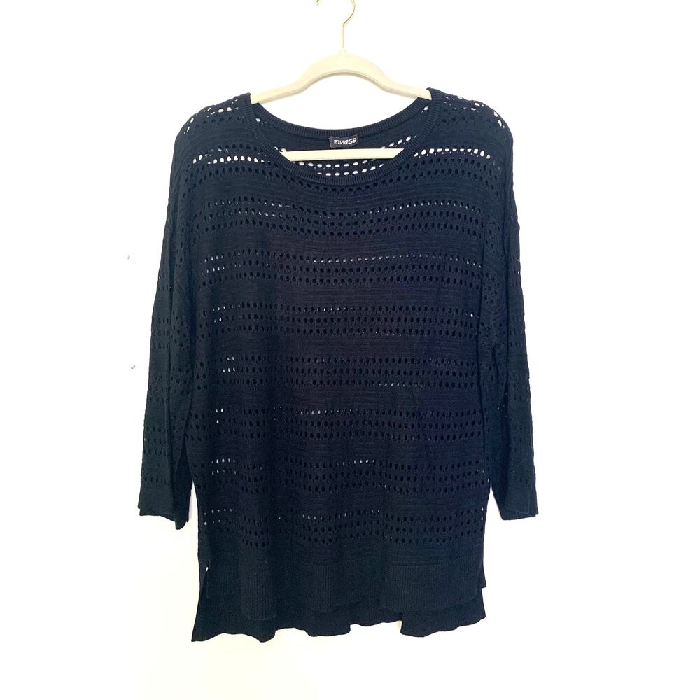 Express Black Open Knit Sweater Tunic Size Small Crochet Sheer Whimsigoth Casual